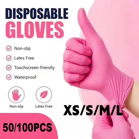 50/100 Pcs Fashionable Disposable PVC Gloves, Multifunctional Durable Cleaning Gloves for Kitchen & Household Use, Pink Gloves, Plastic Gloves