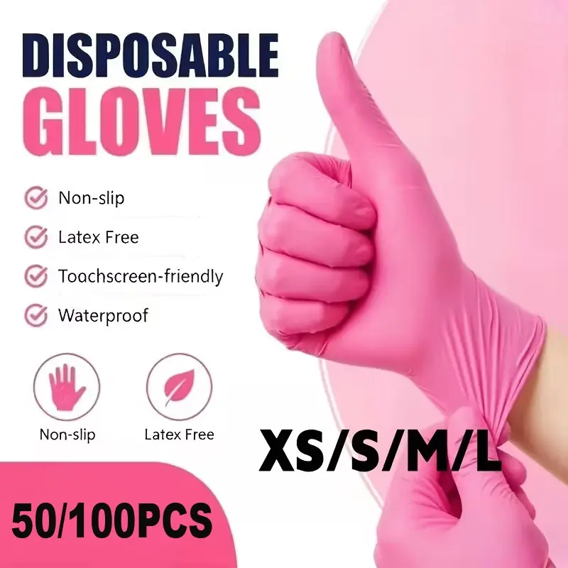 50/100PCS Pink Disposable PVC Gloves, Plastic Gloves, Multifunctional Durable Cleaning Gloves, Fashionable Design Kitchen Gloves, Kitchen Accessories, Cleaning Supplies, Household Cleaning Gloves