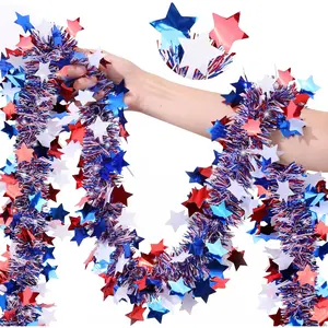 50FT 4th of July Patriotic Decor Tinsel Garland Decorations, Red White and Blue Star Garlands for Memorial Day Decor Fourth of July Independence Day Indoor Outdoor Yard Home Party Decor Supplies