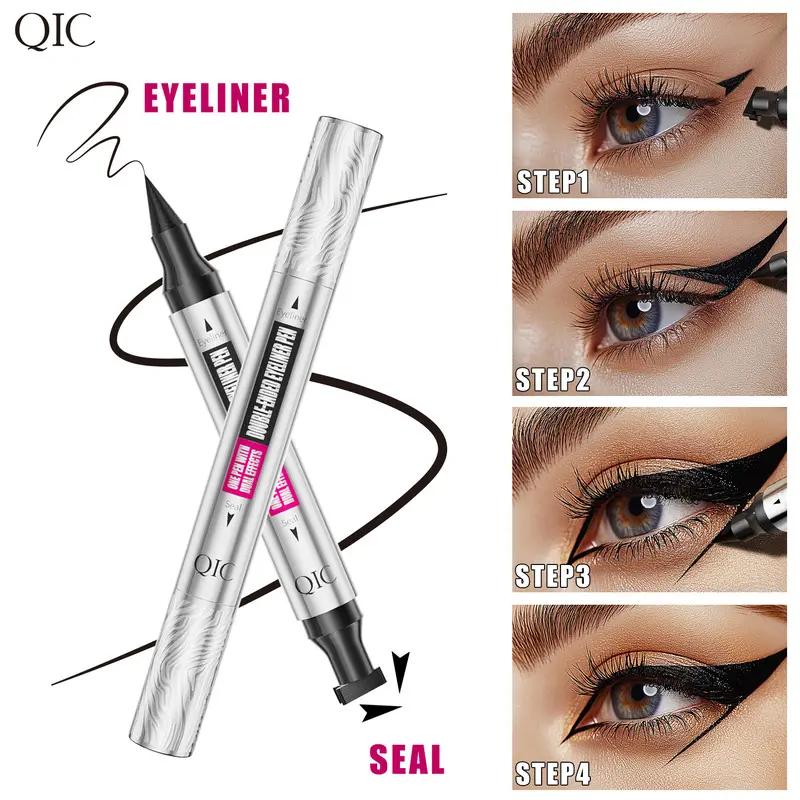 QIC Double Ended Wing Stamp Eyeliner Triangle Tip Liquid Pen Waterproof Sweatproof Smudge Proof Sharp Wing Cat Eye for Beginners Symmetrical Stamp