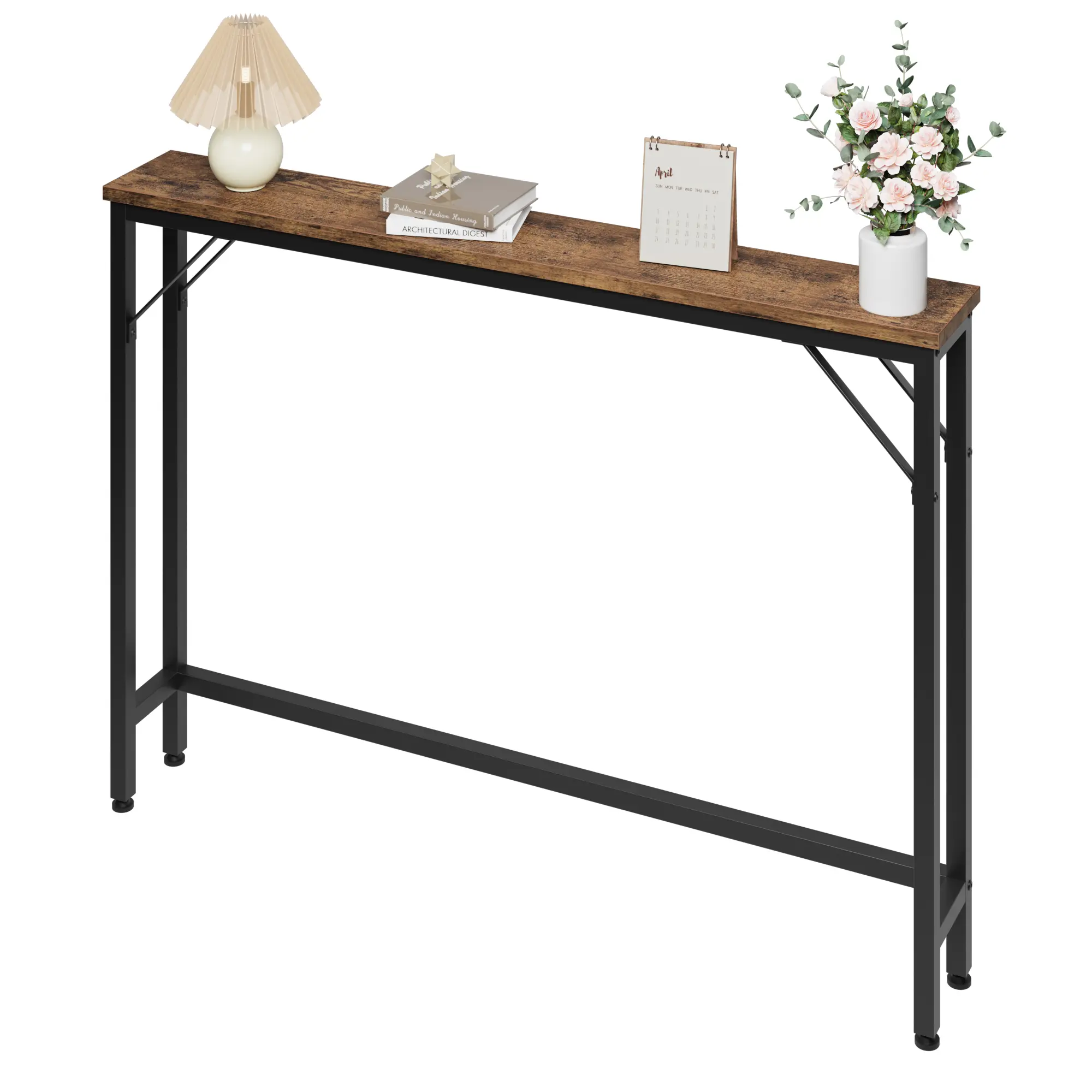 Narrow Console Table with Charging Station, 5.9 in Slim Sofa Table Behind Couch - 2 AC Outlets & 2 USB Ports - Storage Shelf, Metal Frame - Entryway/Hallway/Foyer - Rustic Brown