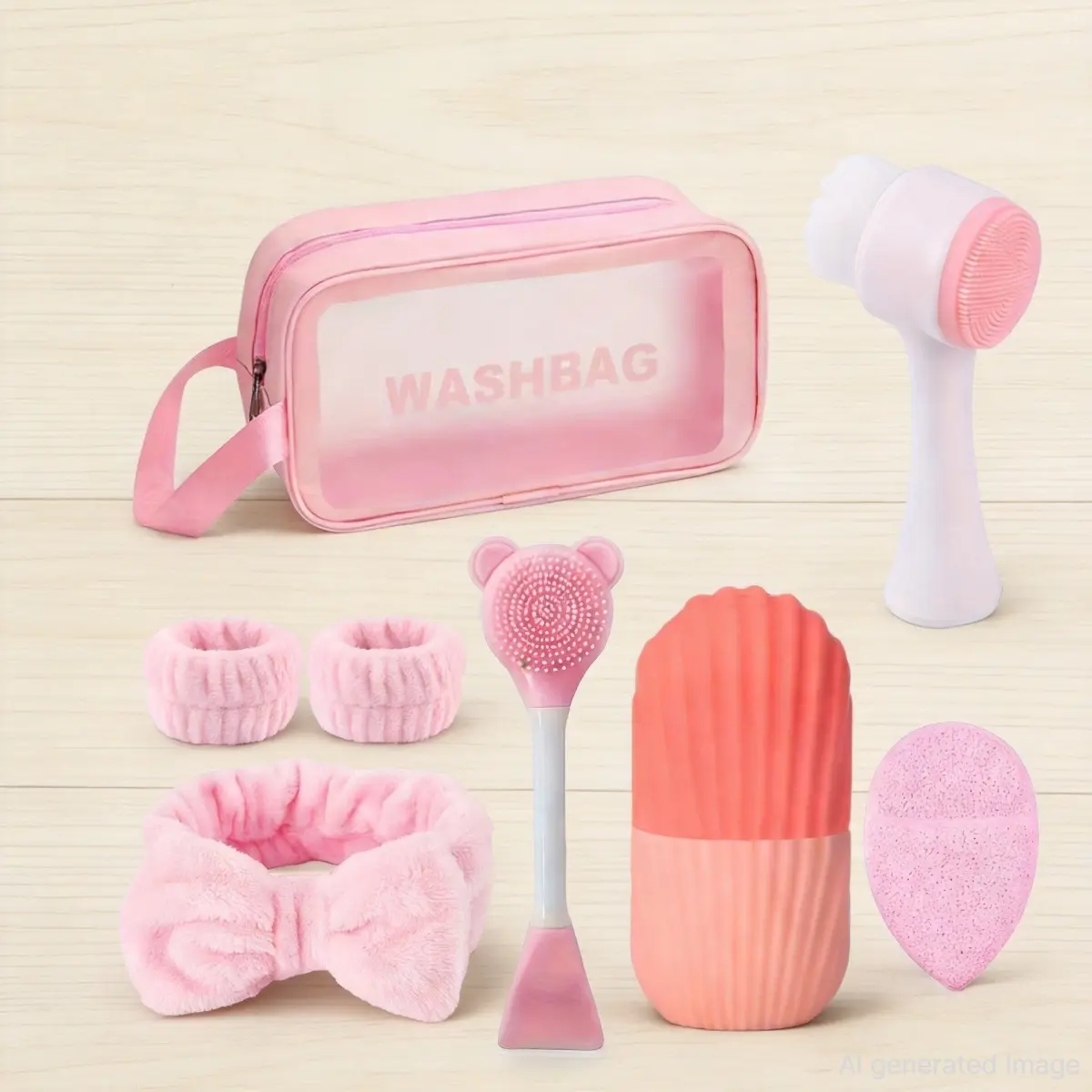 Pink Full Facial Skincare Kit, Bow Headband Wrist Bands Dual-sided Cleansing Brush Mask Stir Stick Bath Sponge Waterproof Wash Bag 8pcs Home Beauty Care Set