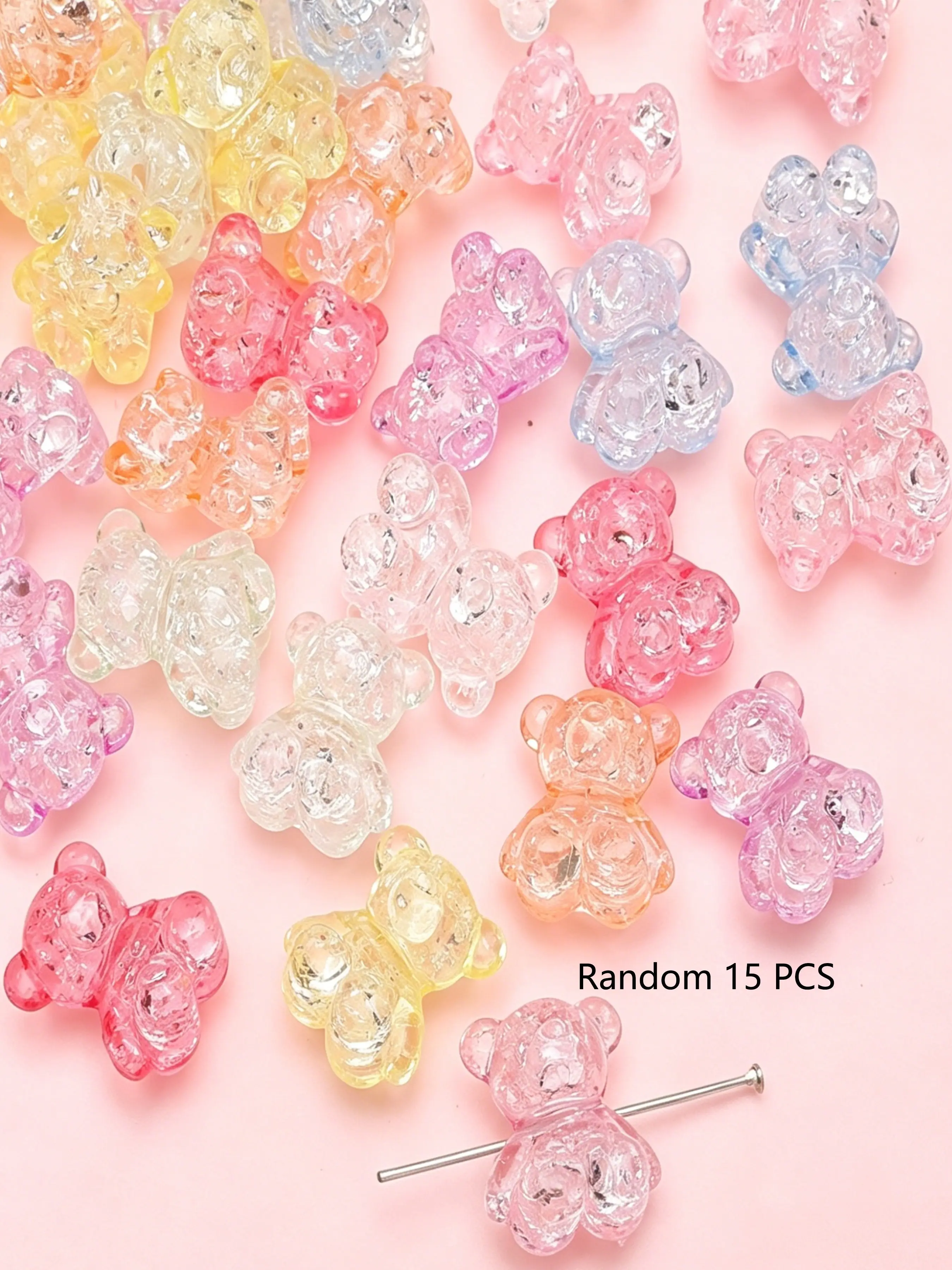 15pcs Clear Candy Color Crackle Acrylic Bear Beads – Large Hole Horizontal Internal Crackle Irregular Explosion Crackle Bear Beads for DIY Necklaces, Bracelets, Keychains, Shoe Clips & Phone Charms, Jewelry Making for Women & Girls