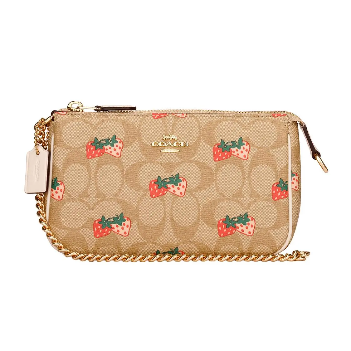 COACH Wristlet 19 Strawberry Print Monogram Leather Crossbody Wristlet Bag for Women, Khaki