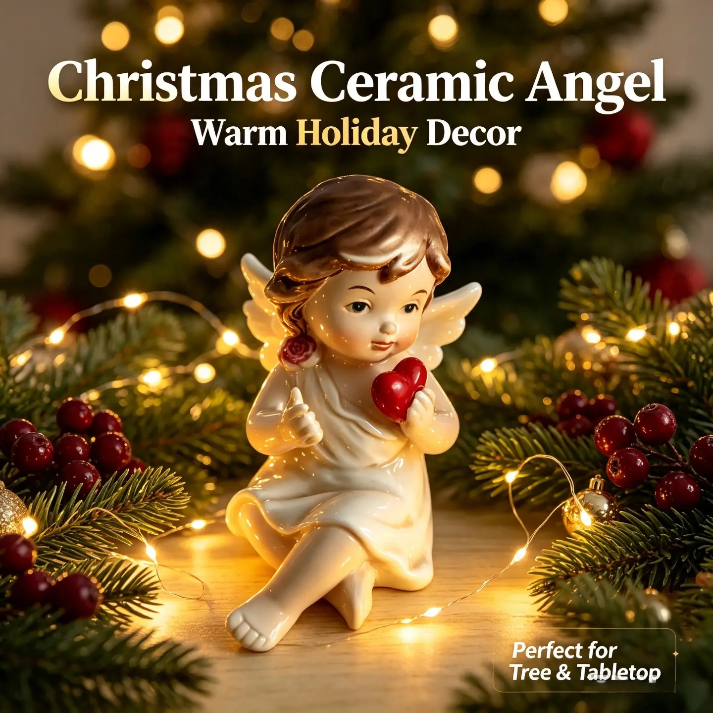 Hand‑Painted Ceramic Sitting Cherub Angel Figurine Holding Red Heart, Vintage Porcelain Tabletop Christmas Statue Ornament, Warm Festive Mantel Shelf Holiday Home Decor, Cozy Winter Xmas Decoration, Perfect Christmas Gift, Thanksgiving New Year Housewarmi