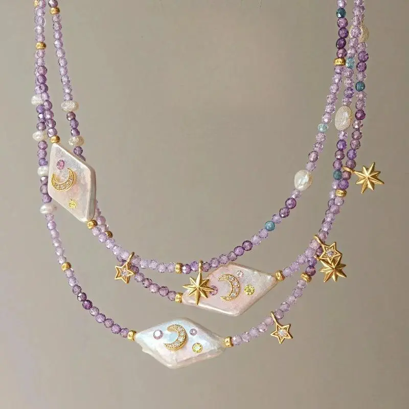 Women's Natural Baroque Moon Star Purple Beaded Necklace - Cubic Zirconia Inlaid Beaded Chains, Elegant Bling Effect Jewelry, Meaningful Gifts for Women with Fresh Minimalist High-End Temperament, Decorative Necklace, Gifts For Girlfriend, Dainty Necklace