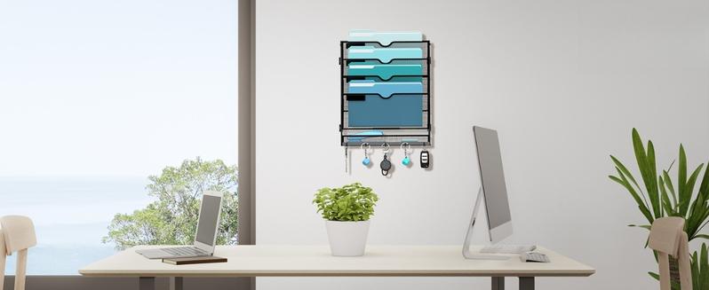 F-SBB52  Wall File Organizer with 5 Hooks 5 Tier Hanging File Organizer, Vertical Wall Mount Mail Organizer for Papers, Folders, Magazines, Bills, Office&School Organization, Black