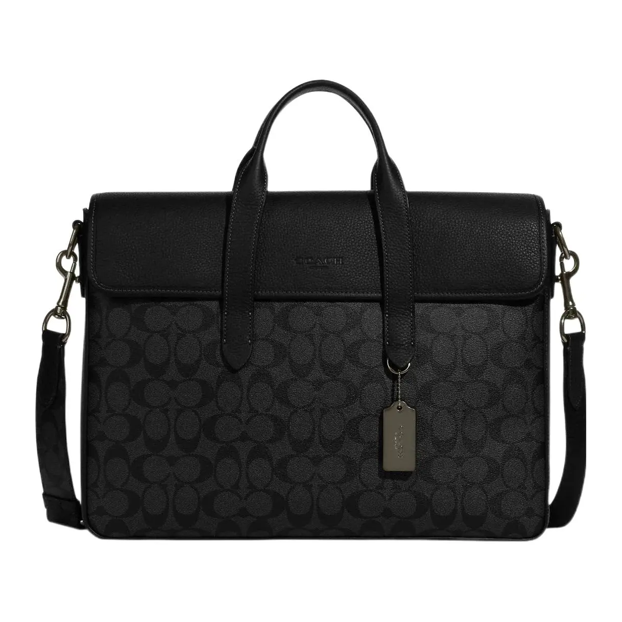 COACH Sullivan 39 Magnetic Snap-Flap Leather Briefcase – Large Size, Men’s Black Verifiable, with credentials and supporting global authentication
