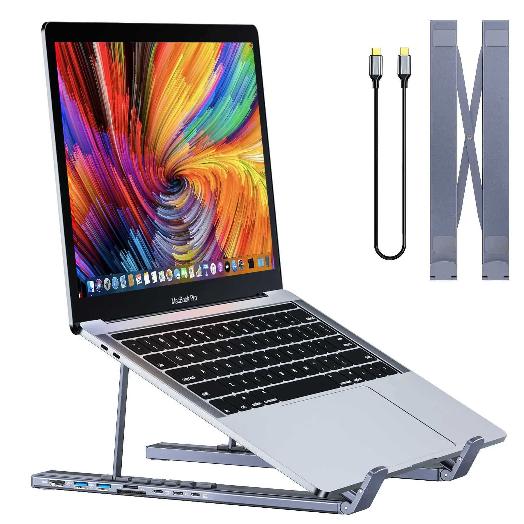 7-in-1 Laptop Stand with USB HUB, Durable Multifunctional Laptop Computer Stand with SD/TF Slots, Foldable Monitor Riser Laptop Holder, Tablet & Computer Accessories, Men Gifts, Gifts for Girlfriend, Monitor Riser, Adjustable Desk Mount, Monitor Mount