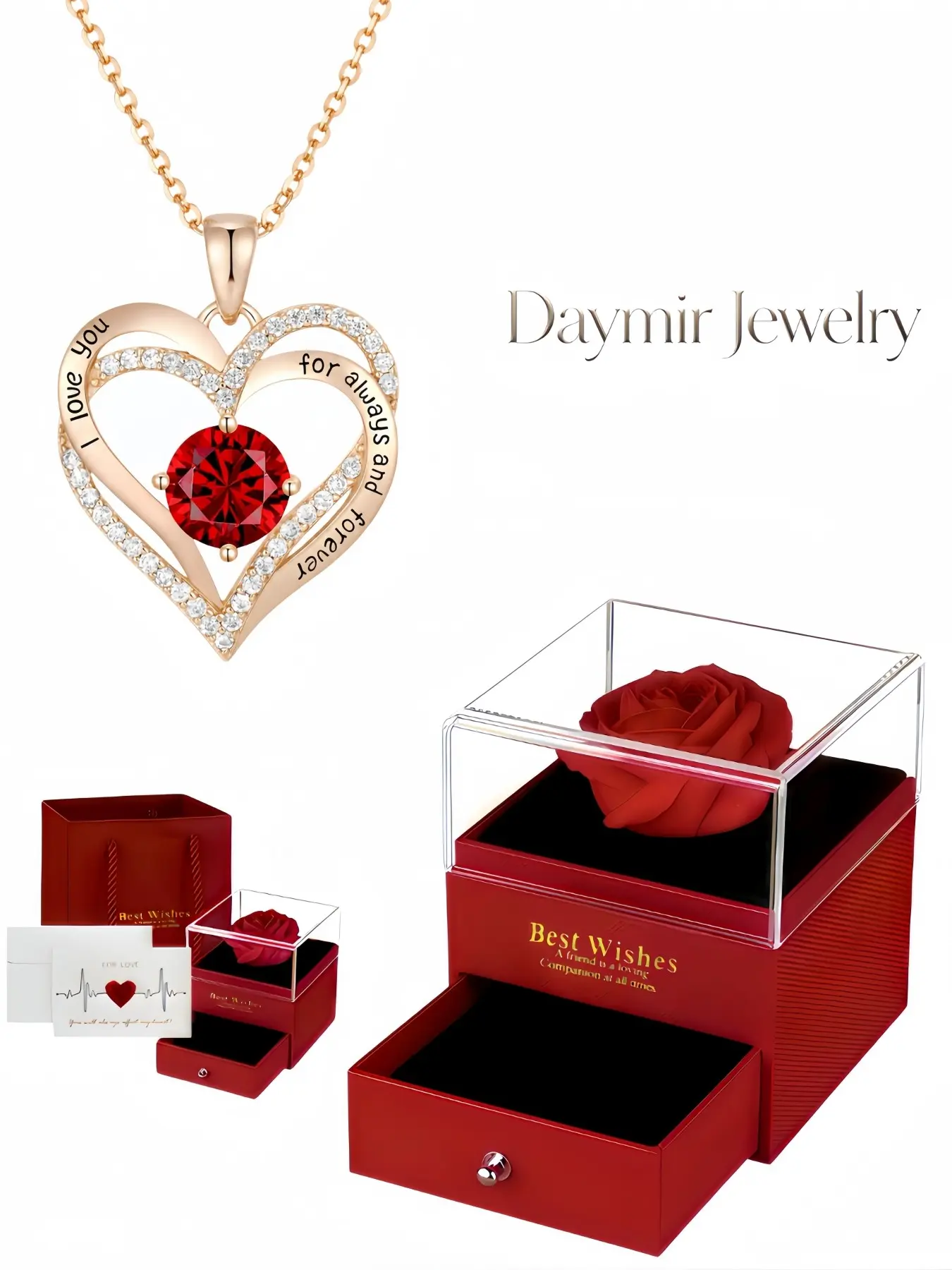 "Heart Vow Diamond", luxurious double-layer heart gem necklace engraved with I Love You, matched with preserved rose jewelry box, great gift for birthdays, Mother's Day, Valentine's Day and Christmas, Heart Design Jewelry
