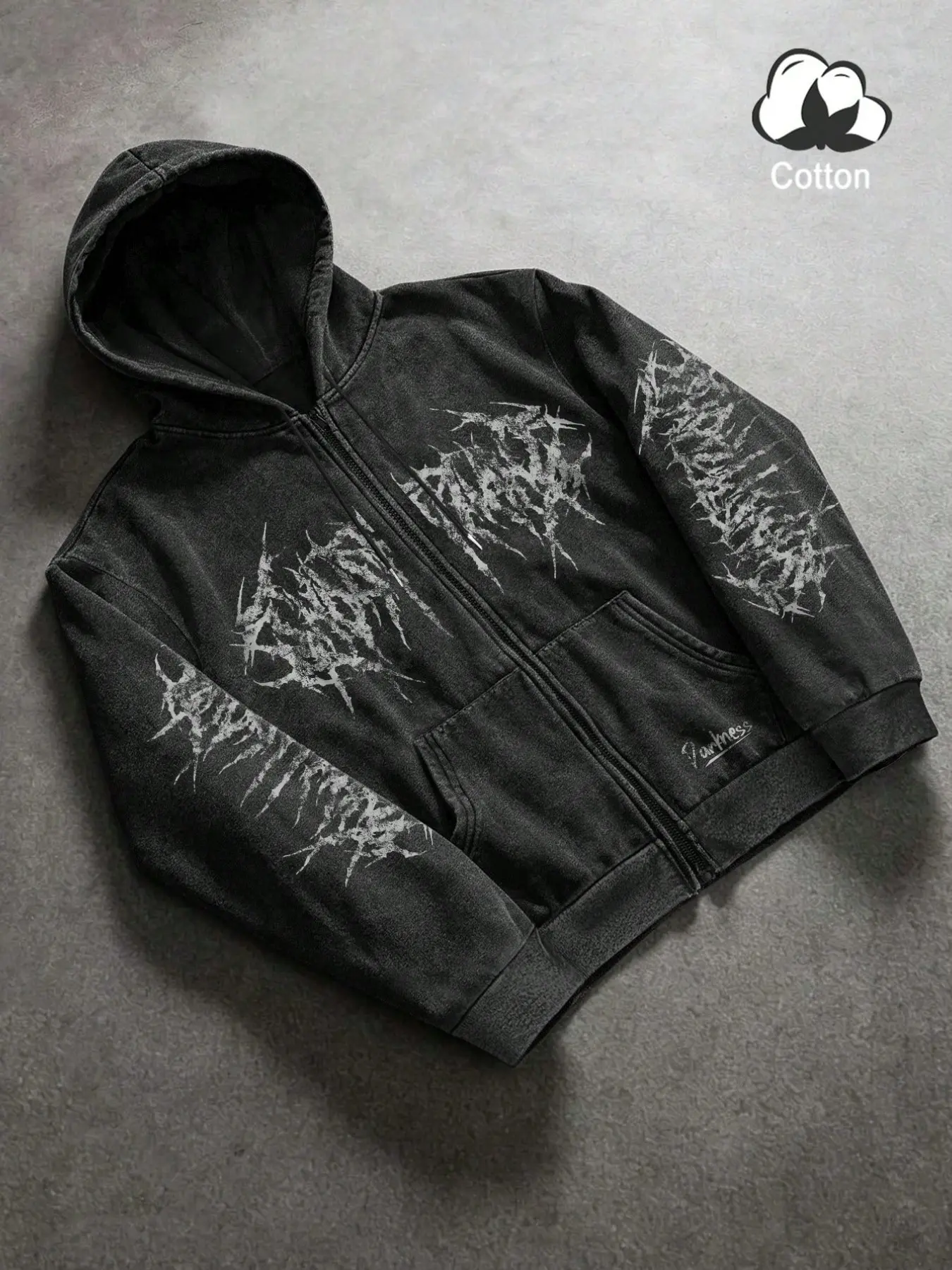Men's black washed vintage full-zip hoodie, featuring dark gothic punk white spike and thorn print, loose oversized hooded jacket with front kangaroo pocket, soft cotton street-style sweatshirt, suitable for concerts, clubs, daily wear and weekend outfits