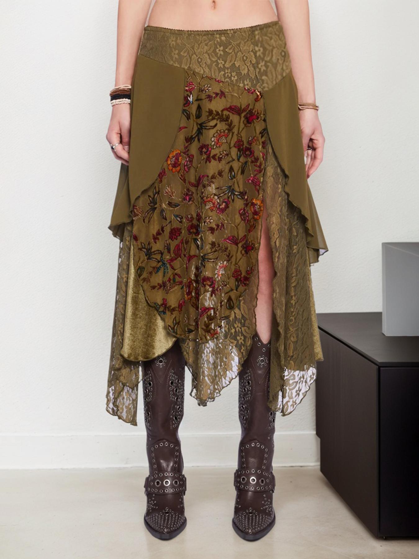 Women's Floral Lace Skirt, Vintage Sweet Skirt, Retro Asymmetrical Skirt, Boho Casual Skirts for Daily Wear, Ladies Bottoms for All Seasons