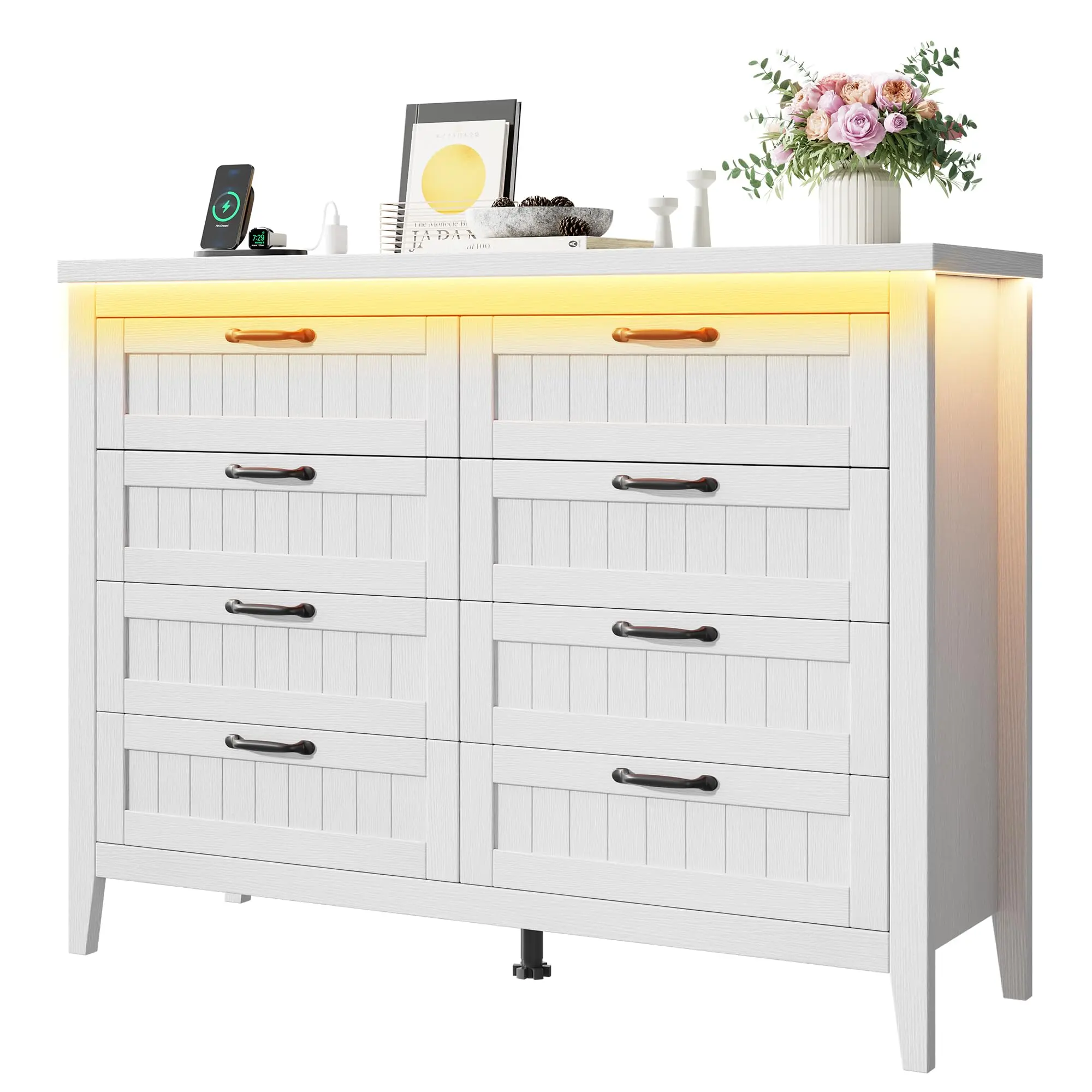 Bedroom Dresser with Charging - 3/5/6/8-Drawer Wooden Chest - Slim Design - Natural, Grey, White, Black - Drawers and Cabinets - Interior Dual Storage Furniture - Ideal for Bedroom, Small Space