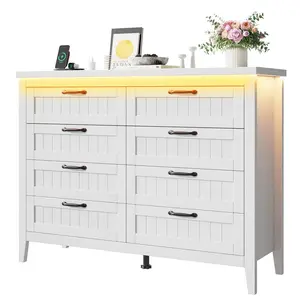 LED Dresser with Charging – 3/5/6/8 Drawer Wooden Chest – Slim Design – Natural, Grey, White or Black – Perfect for Bedroom Storage, Nightstand, or Small Space – Modern Bedroom Furniture
