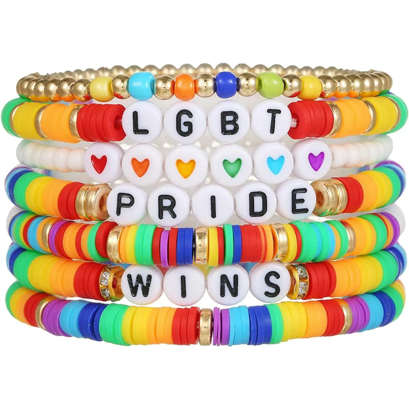 Colorful LGBT Pride Rainbow Bracelets Set for Women Men Personalized Love Wins Clay Bead Multilayer Stretch Bracelets
