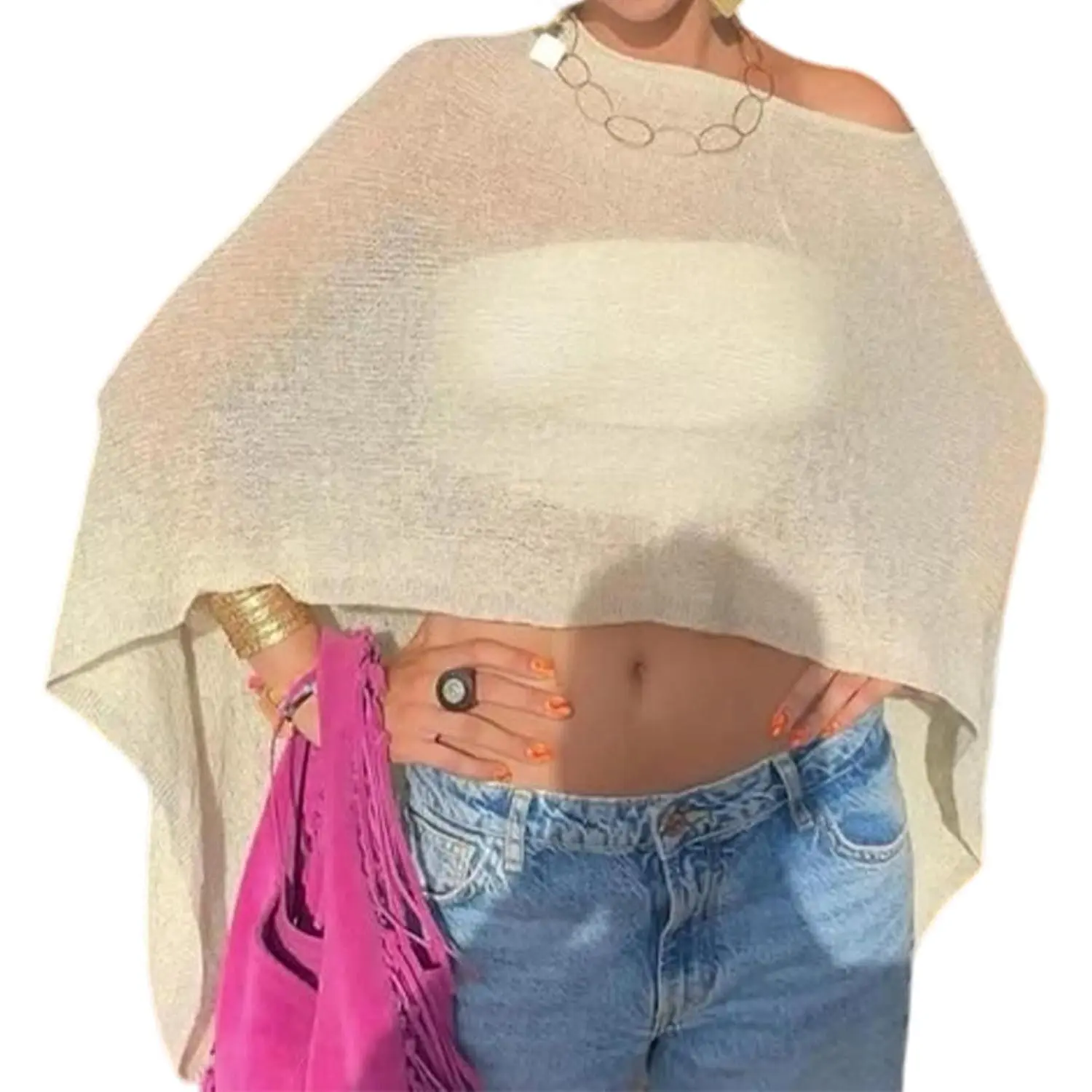 Women's Sheer Sequin Crochet Poncho Top, Lightweight Knit Batwing Sleeve Sweater for Beach, Cocktail Parties, and Workouts, Denim, Skirts, Asymmetric, Casual