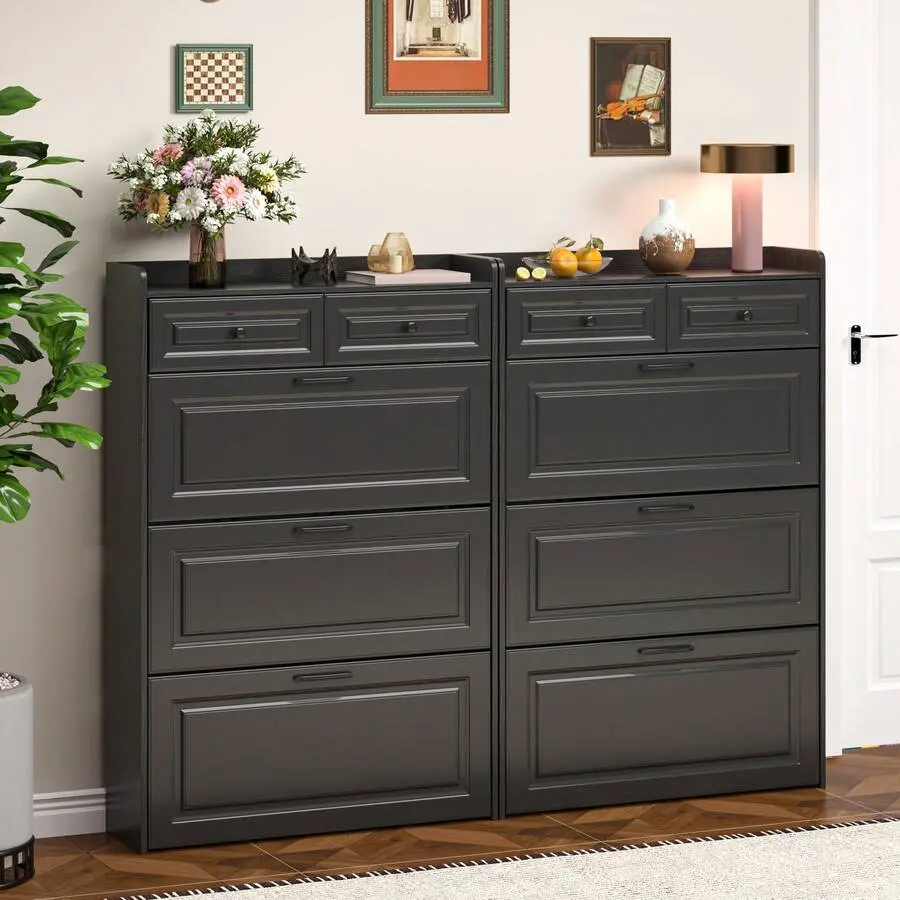 Farmhouse Shoe Storage Cabinet with 2 Drawers & 3 Flip Drawers, Hidden Wood Shoe Cabinet, Freestanding Home Shoe Storage Furniture for Entryway, Hallway, Living Room, Bedroom, Black