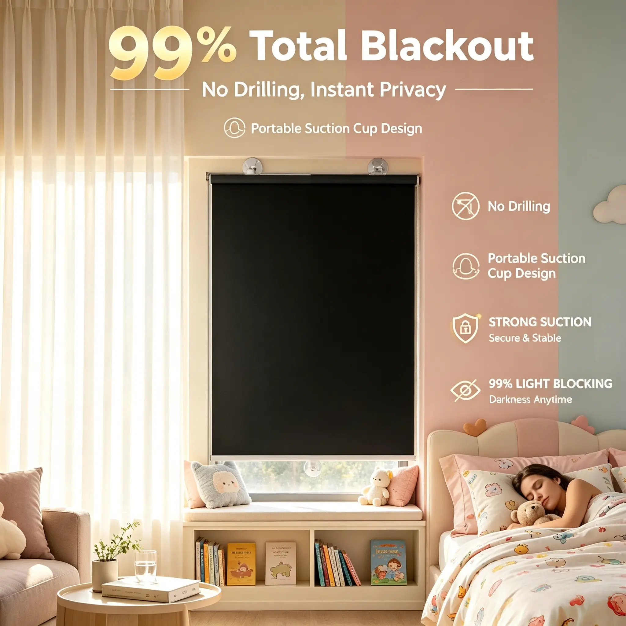 No-Drill Magnetic Roller Blind, 99% Light Block Privacy Protection, Ideal for Bedroom Naps, RV Travel, Apartment, Temporary Use, Non Drill Blinds, Window Shade Cover