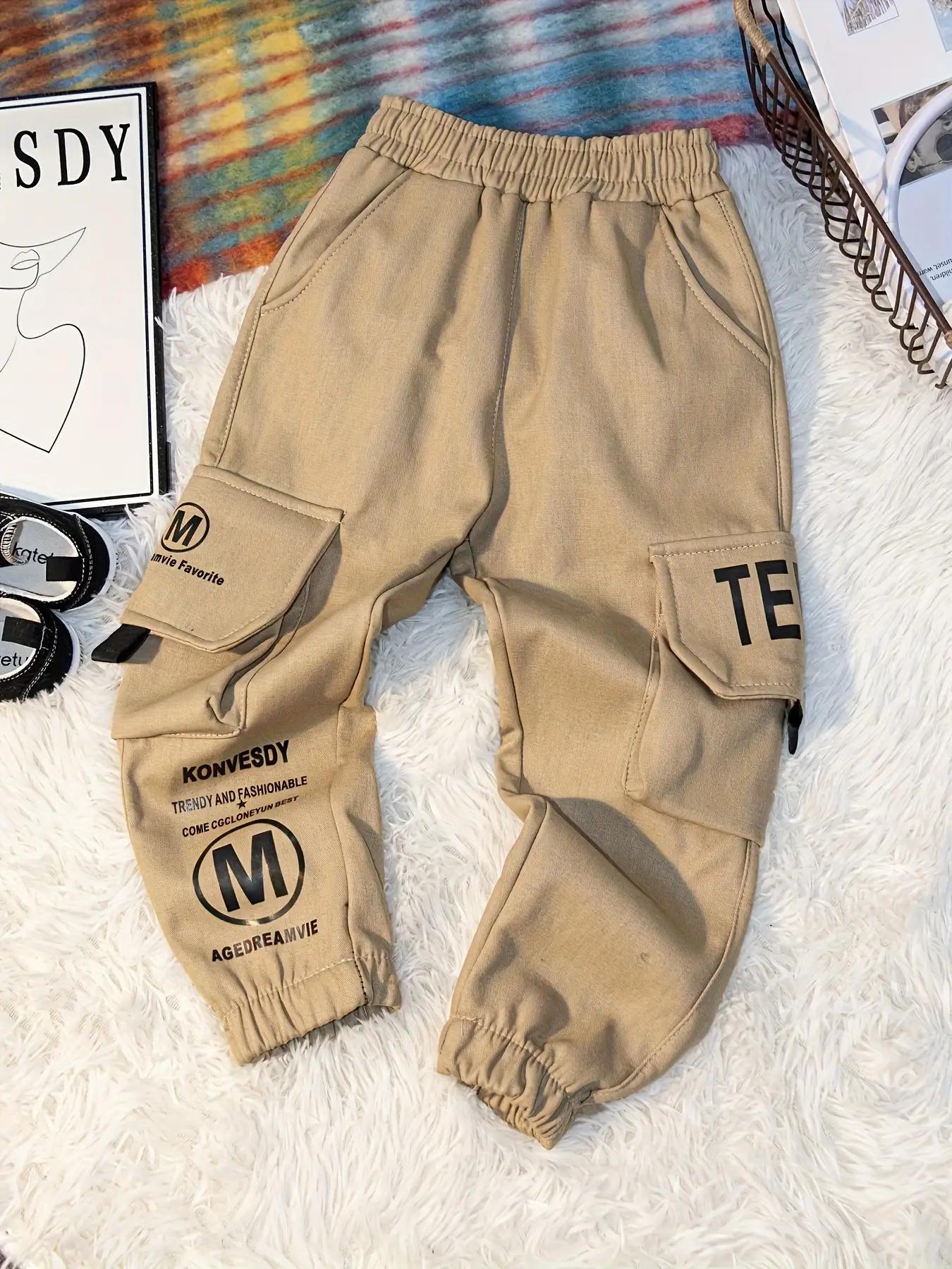 NewNewBoys' Work Pants - Elastic Waistband Pants for Kids, Machine Washable Long Pants for School, Playdates, Casual Attire - Durable Casual Trousers for Active Boys, Playdate Clothing, Unique Text Design, Smooth Fabric Finish, Perfect for Outdoor