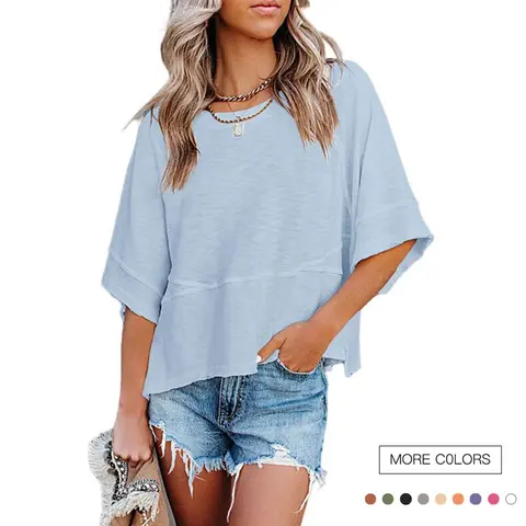 Women's Oversized Pull-On T-Shirt - Round Neck, Half Batwing Sleeves, Loose Flowy Plain Spandex-Rayon-Polyester Blend Top, Easy Layering Casual Summer Wear (Hand Wash Only)
