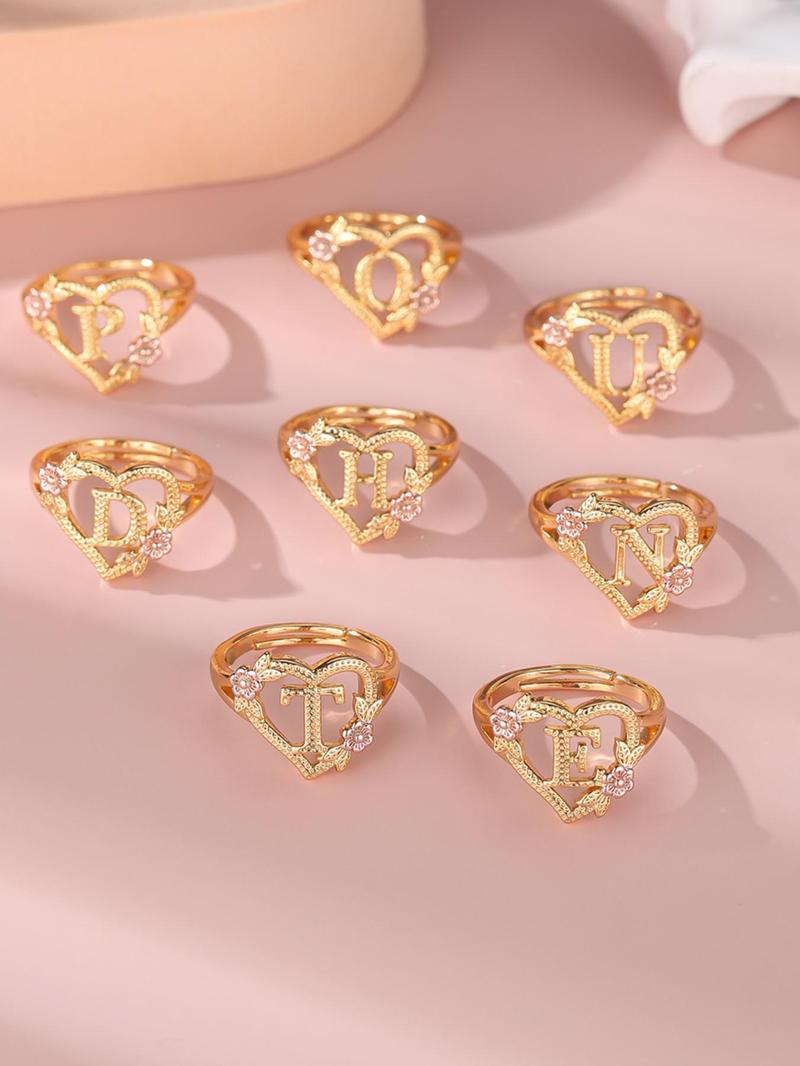 2024 Fashion Flower & Heart Design Ring for Girlfriend, Alphabet Design Ring for Women, Unique Rings Jewelry for Girlfriend for Back To School Fall, Valentine's Day, Statement Ring, Jewelry Gifts, Personalized Jewelry, Adjustable Initial Rings