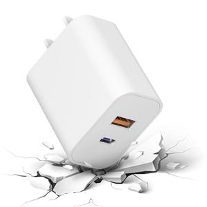 USB-C charger block with fast charging and multiple ports.Suitable for iPhone 17.Output: 20W.Features USB-C and USB-A ports.Compatible with iPhone 17/16/15/14/13/12/11/X/8, iPad, Google Pixel, Samsung Galaxy.