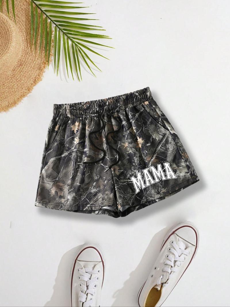 Women's Letter Print Drawstring Waist Shorts, Casual Elastic Waist Pocket Shorts for Summer, Ladies Bottoms for Daily Wear