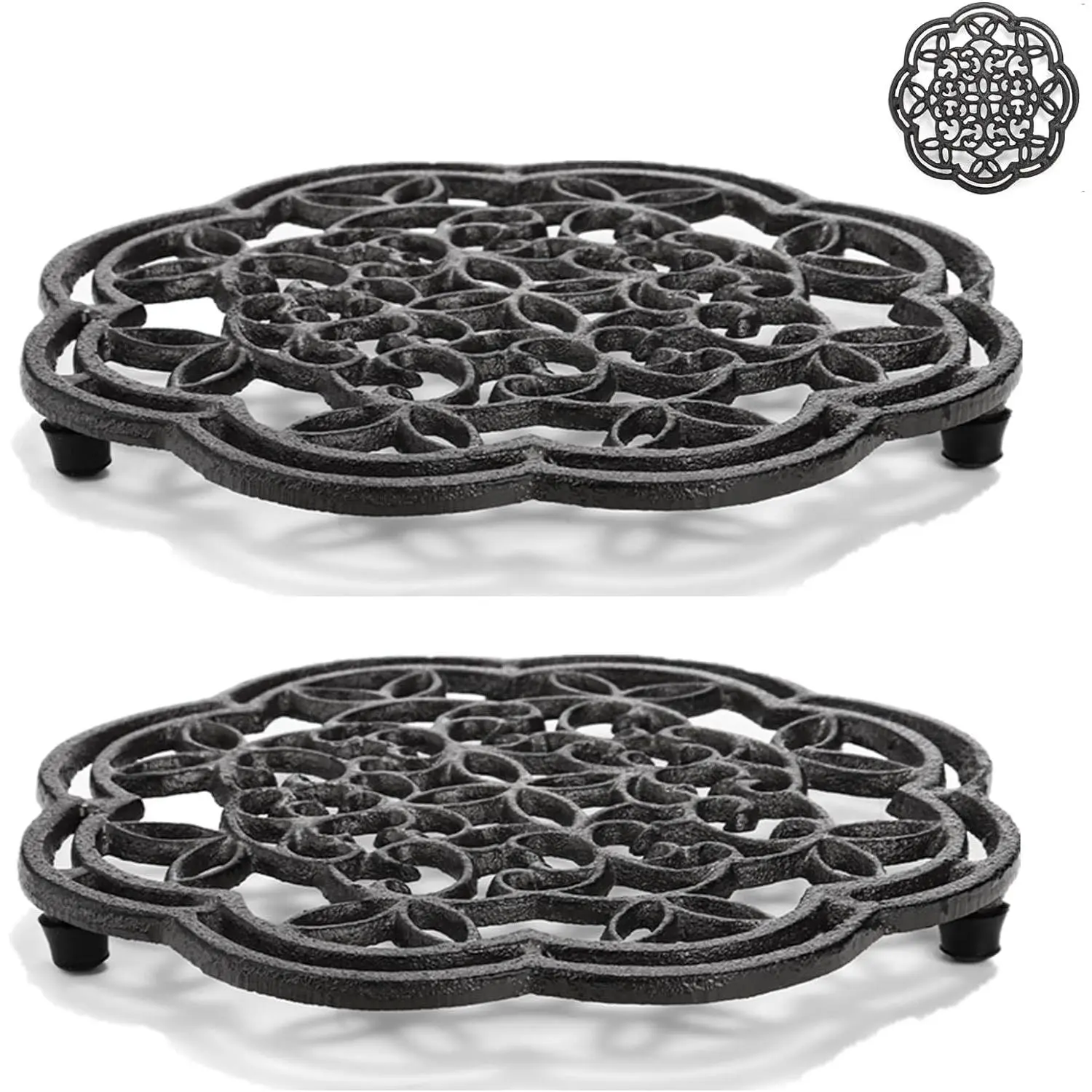 2 Pack Cast Iron Trivet Heavy Duty, 7.7 inch Round Metal Trivet for Hot Pans or Teapot, Rustproof Pot Stands Holders with Rubber Pegs for Countertop, Dining Table, Kitchen Farmhouse Decoration