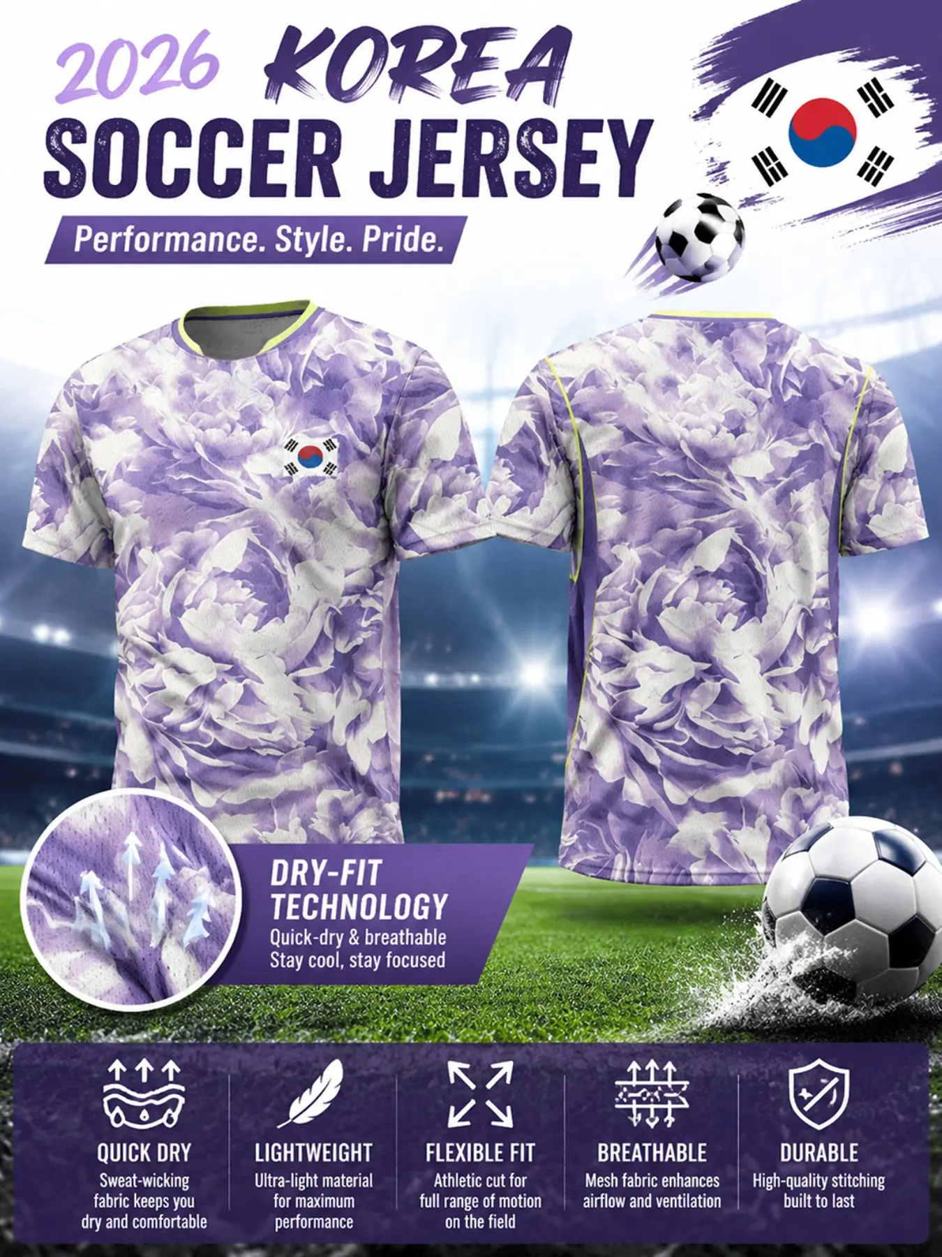 Men's Korean Away Soccer Jersey, Watercolor Peony All-Over Print, Quick-Dry Breathable Sportswear, Short Sleeve T-Shirt
