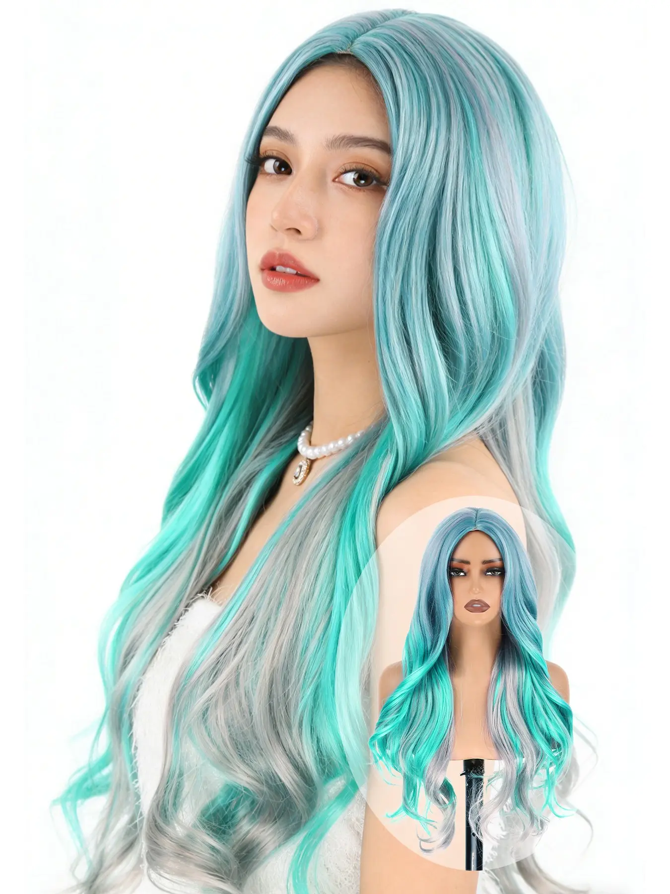 26-inch long ocean-inspired wavy wig featuring a blue-green blend, center part, and long curls; multi-colored synthetic fiber "mermaid style" design—suitable for daily wear, gatherings, parties, cosplay, and Halloween.