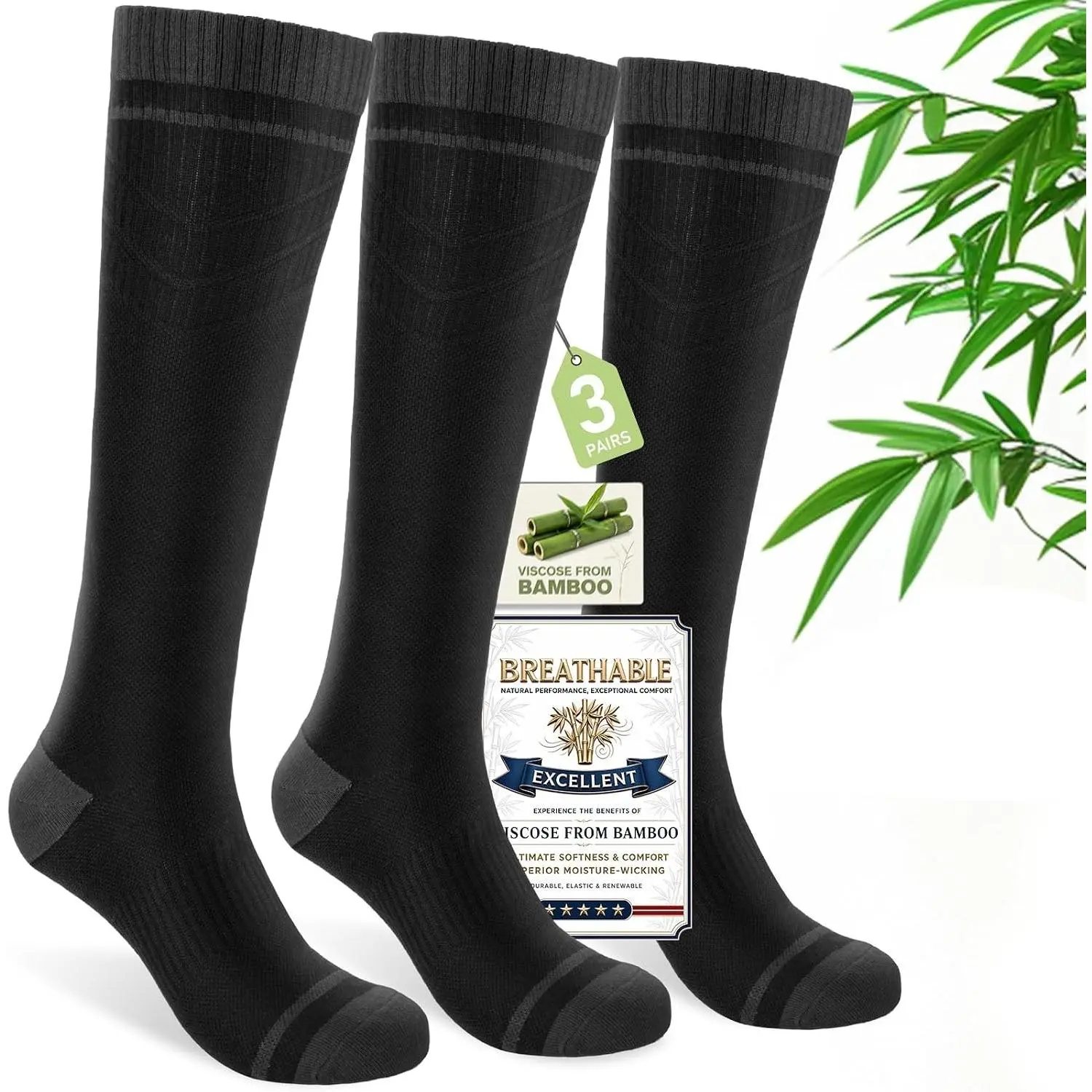 Bamboo Viscose Compression Socks for Women & Men (3 Pairs) 15-20 mmHg Knee High Support for Nurses, Travel, PregnancyGift