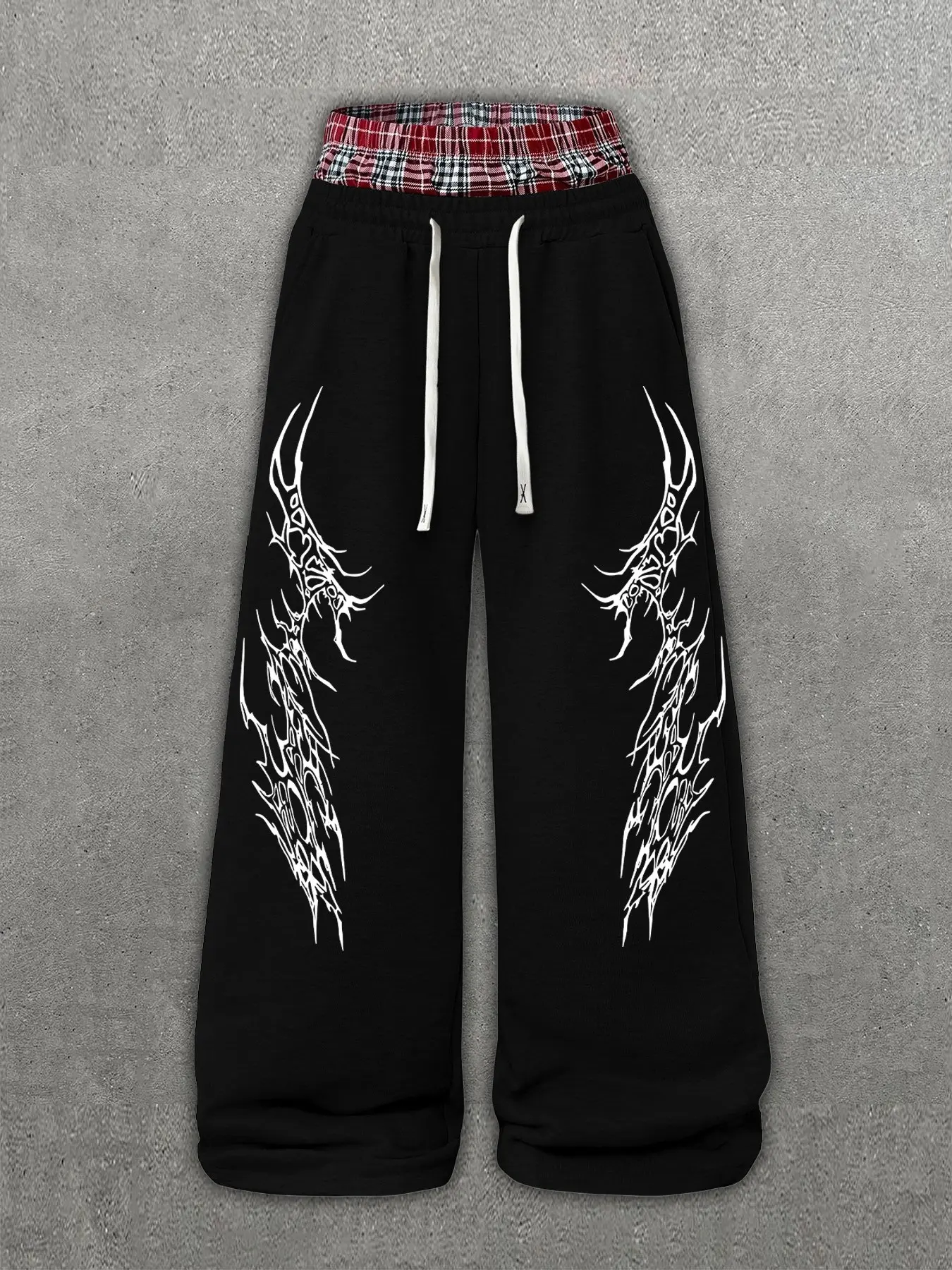 Trendy Street Style Plaid Two-Layer Waist Drawstring Loose Fit Joggers, Symmetrical Graphic Print, Unisex, Comfortable Daily Wear, Versatile Fashion