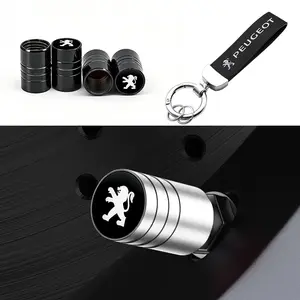 5PCS Peugeot Tire Valve Stem Caps + Leather Keychain Set Anti Rust Dustproof Air Valve Covers for 208 308 408 5008 3008