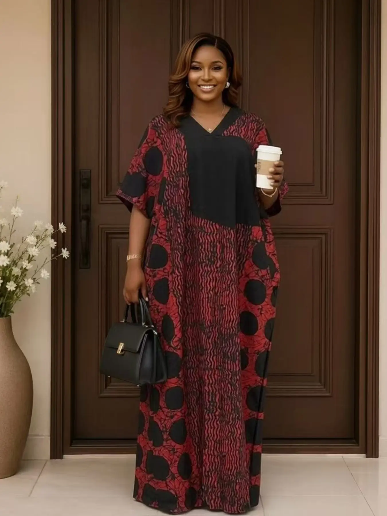 New loose plus size boubou ethnic leisure kaftan women's printed black patch fabric for daily commuting, casual coverage, slimming, party vacation dress