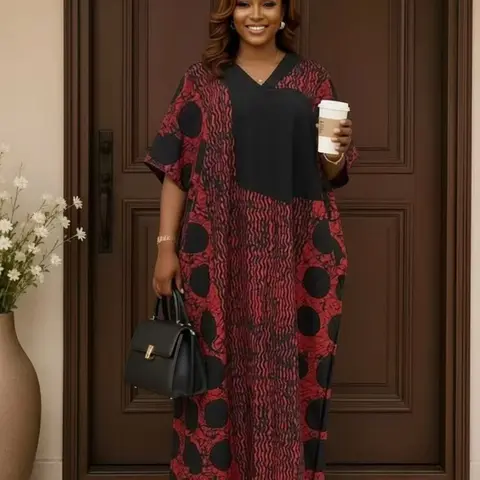 Women's Plus-Size Loose Boubou Kaftan Dress, Ethnic Printed Maxi Dress for Daily Wear, Parties, and Vacations, Boho Style Dress
