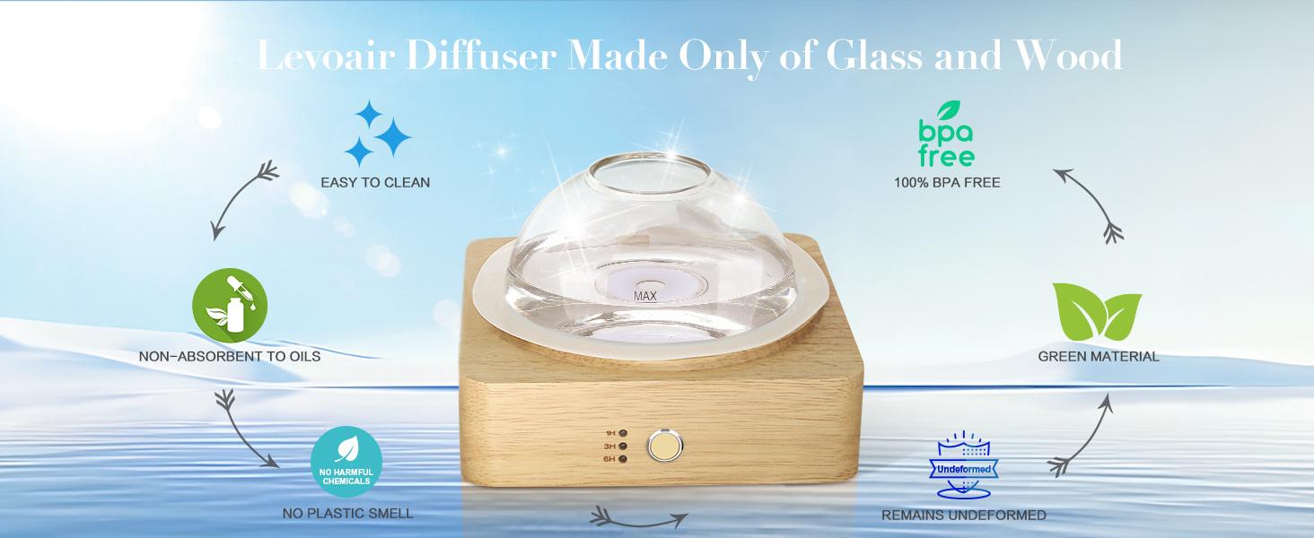 200ml Ultrasonic Glass Dome Essential Oil Diffuser with Glass Reservoir and Wood Base No Plastic for Aromatherapy Home Office Yoga Pilates with Timer 7 Color Light Auto Off