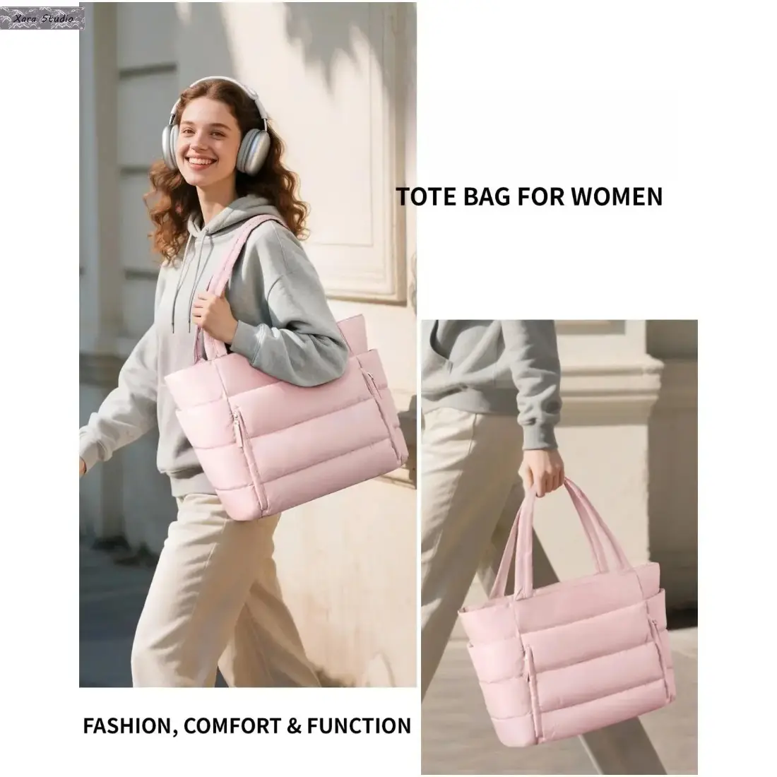 Quilted Puffer Tote Bag for Women, Soft Lightweight Shoulder Bag with Matching Pouch, Large Capacity Carryall for Laptop, Work, Travel, Shopping, Gym & Everyday Use
