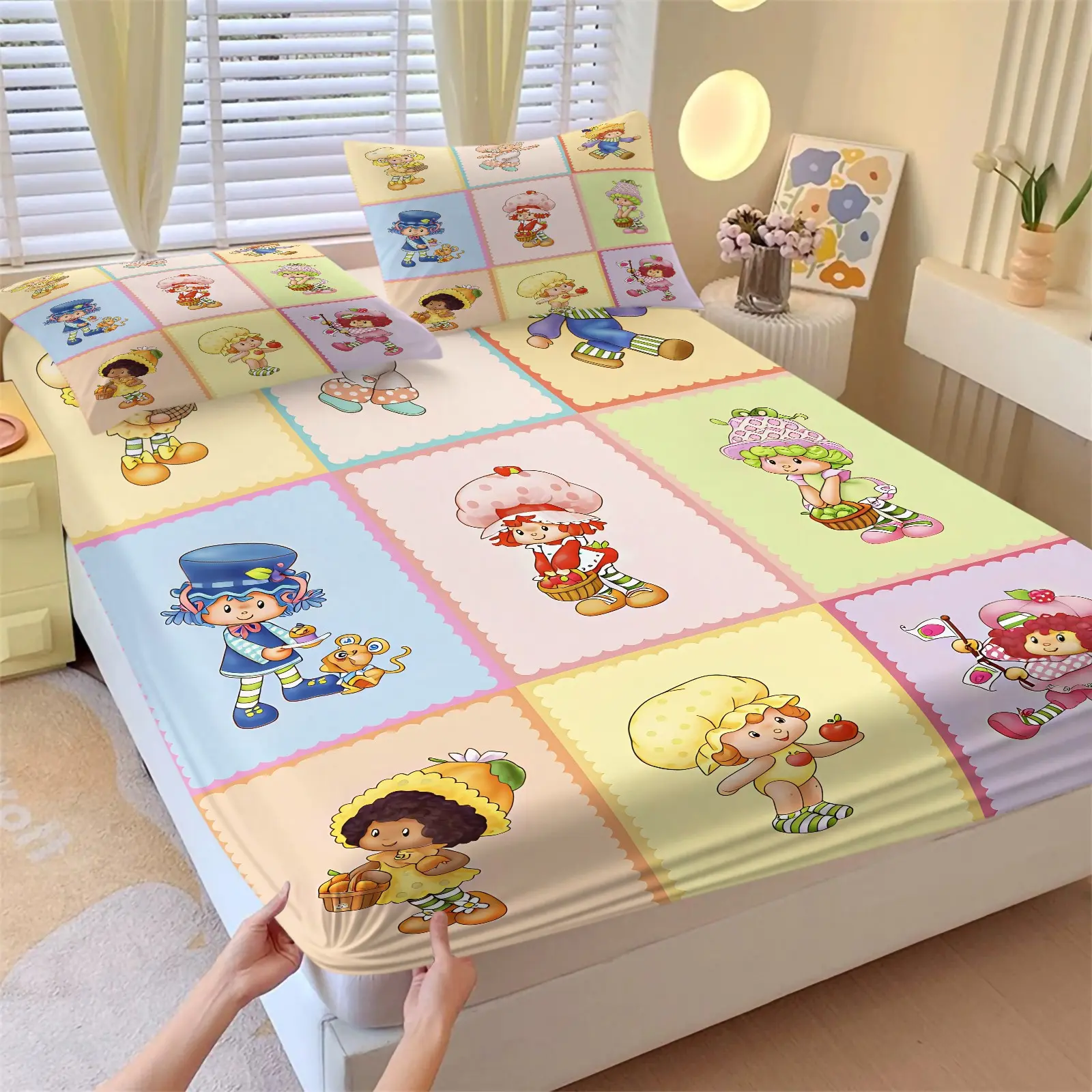 3PCS Strawberry Shortcake Cartoon Fitted Sheet Set (1 Fitted Sheet + 2 Pillowcases),Soft Breathable Fabric,Deep Pocket Anti-Slip Full Wrap,HD Vivid Digital Print,Cute Vintage Kawaii All Season Bedding