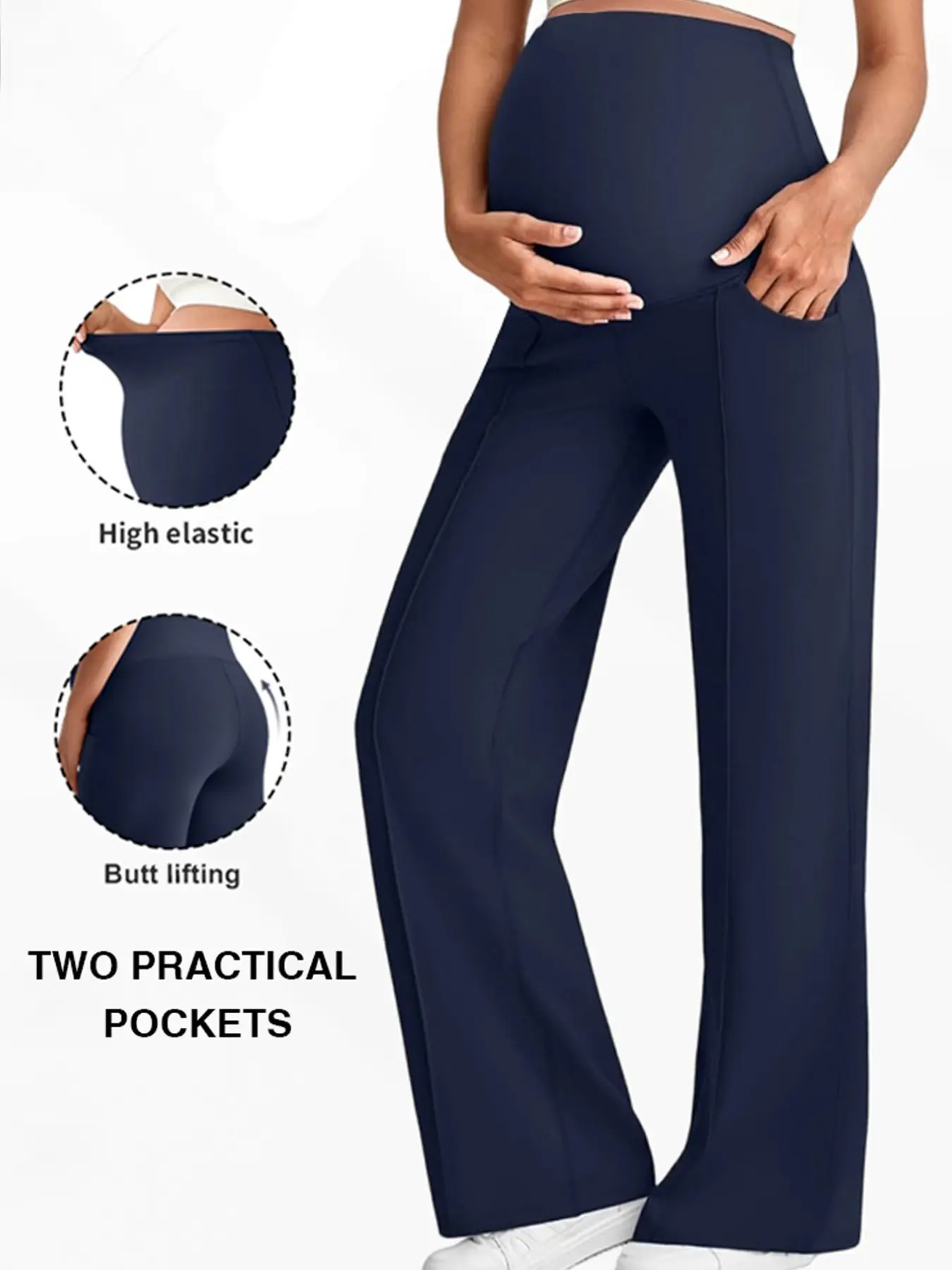 Women's High-Waist Pregnant Leggings with Pockets, Comfortable Stretchy Maternity Pants, Breathable Wide-Leg Design for All Seasons