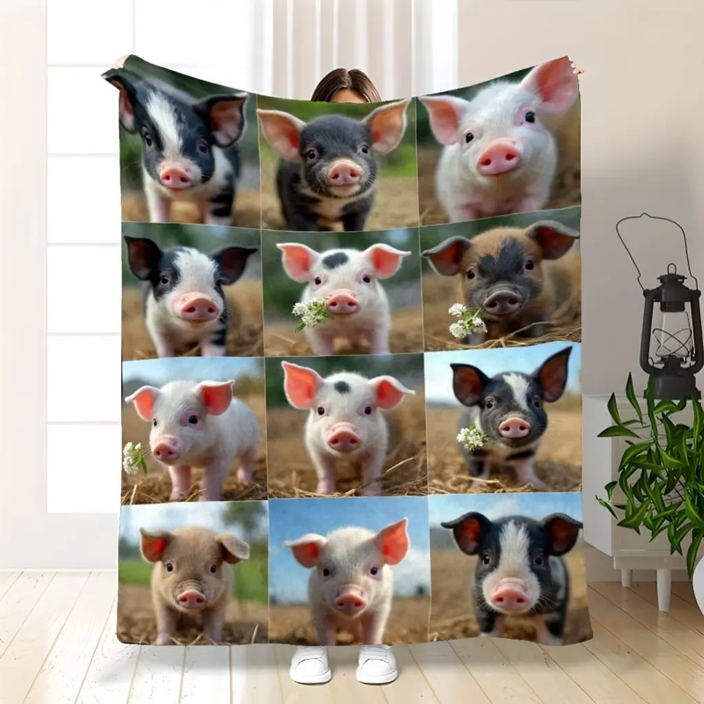 1Pc Cute Piglet Plush Blanket - Animal Character Figures Blanket, Soft Breathable Flannel All-Seasons Bedding, Lightweight Polyester Bedspread With White & Black Patterns, Machine Washable, Travel-Friendly For Children & Gifting