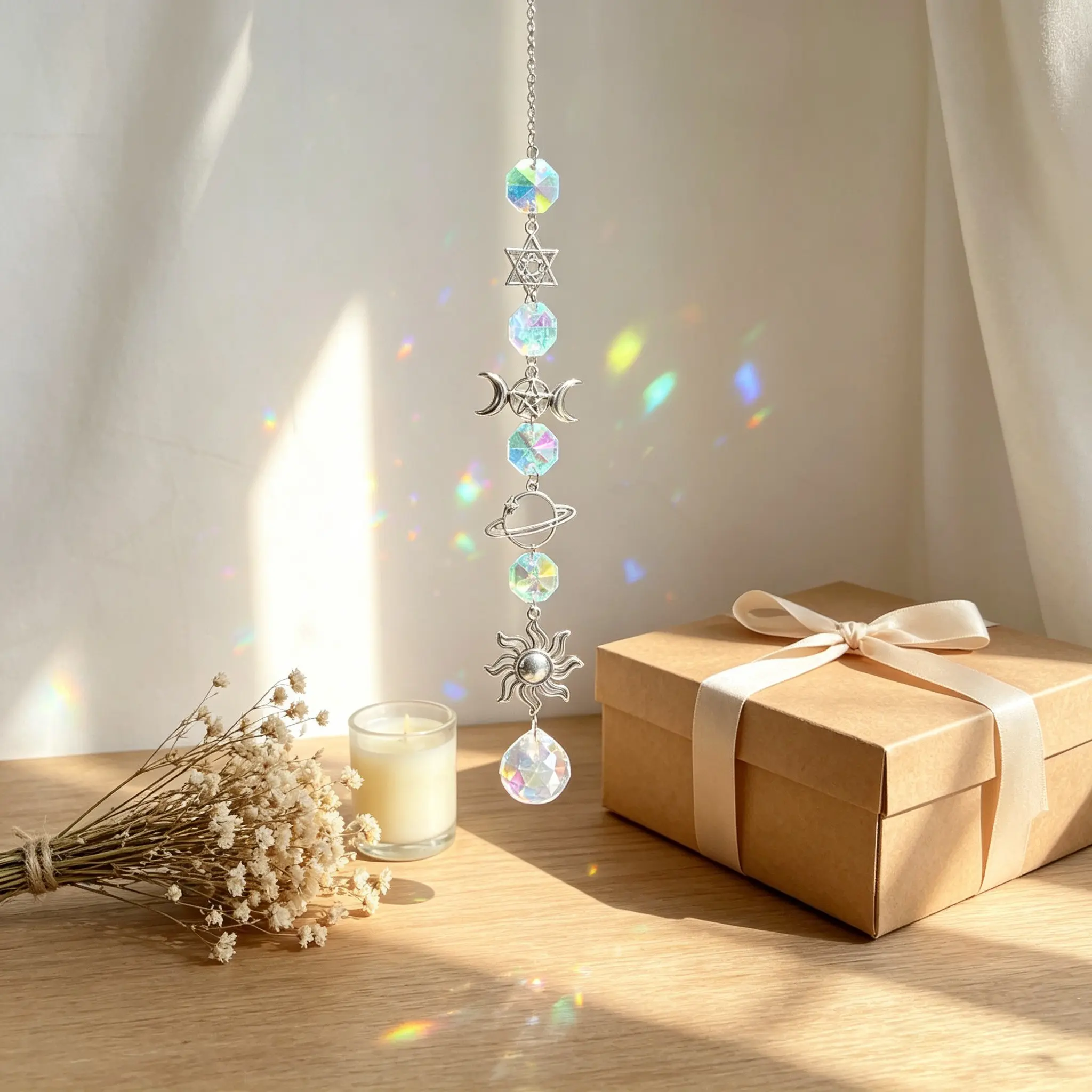 Mystical Crystal Sun Catcher, Multifaceted Aurora Ab Color Crystal, Bohemian Luxury Window Hanging Bell, Dreamy Rainbow Light Effect