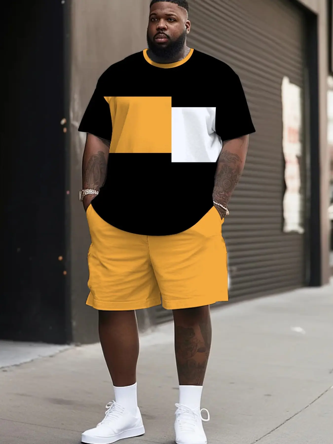 Plus Size Men's 3D Printed Casual Baggy Two-Piece Set, Digital Print T-Shirt and Shorts, Loose-Fitting, All Seasons, Unlined Suit