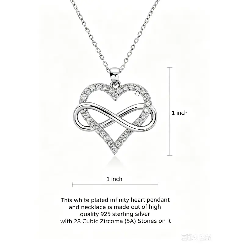 Infinity Heart Necklace for Women, Love Heart Pendant with Cubic Zirconia and Infinity Necklace, 925 Sterling Silver Heart Necklace for Girlfriend