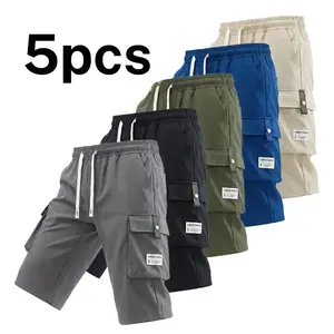 Men’s cargo shorts, pack of 1–5 pieces, three-quarter length, adjustable drawstring waist suitable for summer, large pockets, letter sticker details, trendy casual sporty style.
