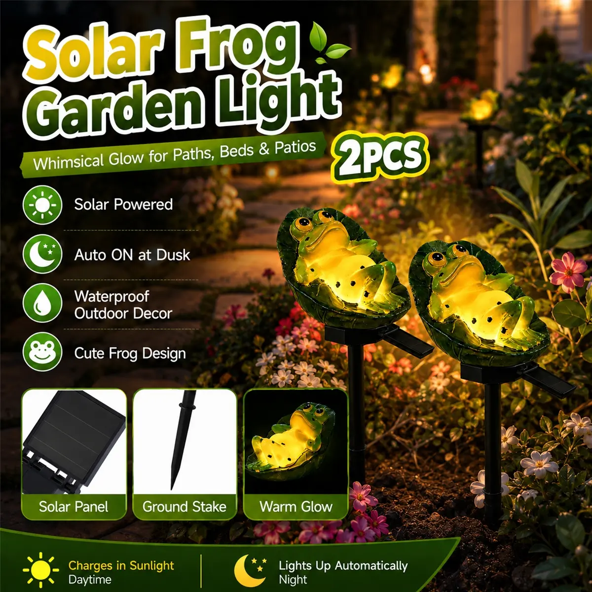 2PCS Solar Frog Garden Lights, Cute Resin Animal Stake Lights with Warm Glow, Waterproof Solar Powered Outdoor Decor, Auto On/Off Frog Pathway Lights for Lawn Patio Yard Flower Bed Walkway Balcony Courtyard Garden Landscape Decoration