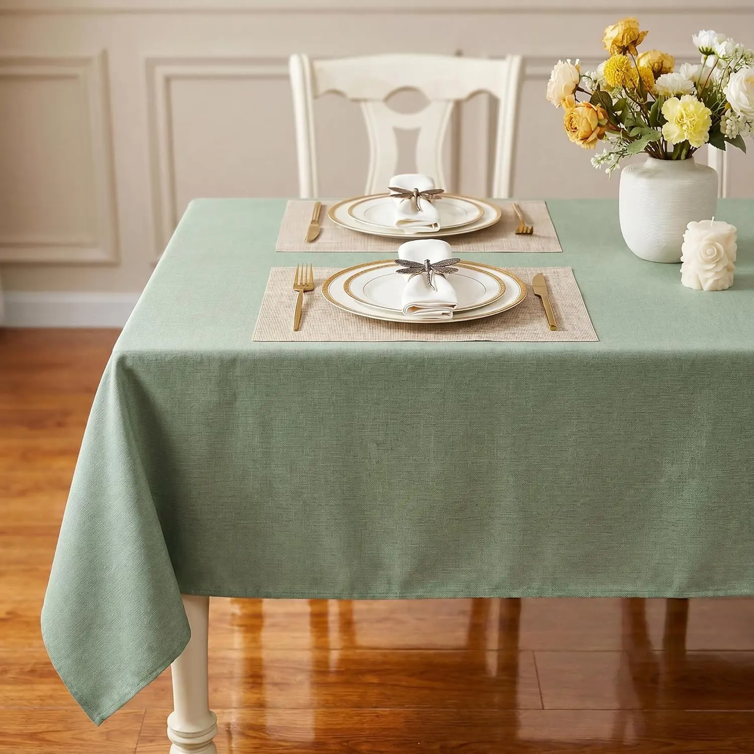 Textured Linen Table Cloth for Rectangle Tables - Sage Green Tablecloths Rectangular Waterproof Wrinkle Free Wipeable Dining Table Cover for Spring Wedding Birthday Kitchen Decor, 52 x 70 Inch