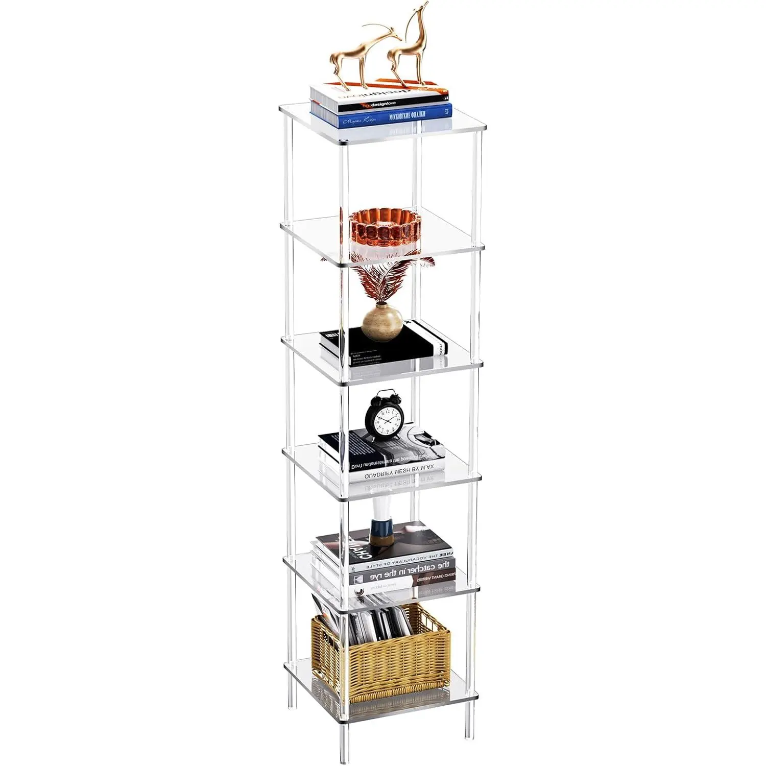 [SummerFinds]Solaround Clear Acrylic 6-Tier Bookcase, 55" Tall Narrow Standing Display Shelf, Space-Saving Lucite Storage Tower for Corner Living Room Bedroom Bathroom (13.1" x 12.6" x 55")  homedecor