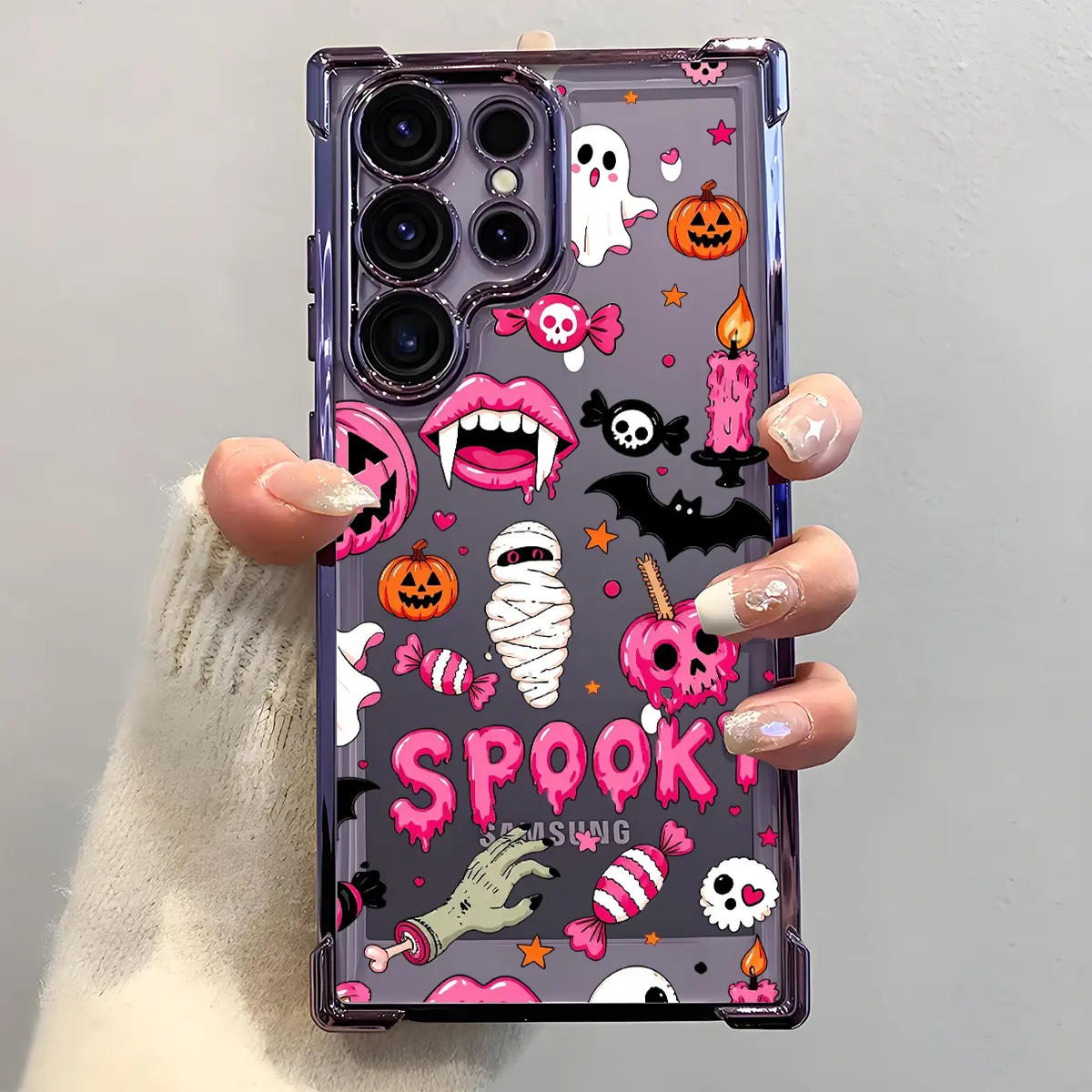 Gothic Prints Pink Halloween Phone Case for Samsung S26 S25 S25+ S25Edge S24 S24FE Plus S23 S22 Ultra, Electroplated Airbag Shockproof Slim Soft TPU Cover, Cute Spooky Goth Vampire Lips Pumpkin Mummy Bat Skull Designs, Girly Aesthetic