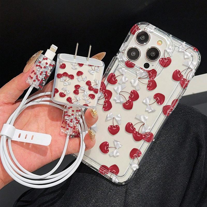 Cherry Pattern Phone Case with Charger Head Cover & Cable Protector & Storage Rope, Protective Anti-drop Phone Case for iPhone 6/7/8/X/XS/XR/XS Max/11/12/13/14/15/16 Pro Max, Casing