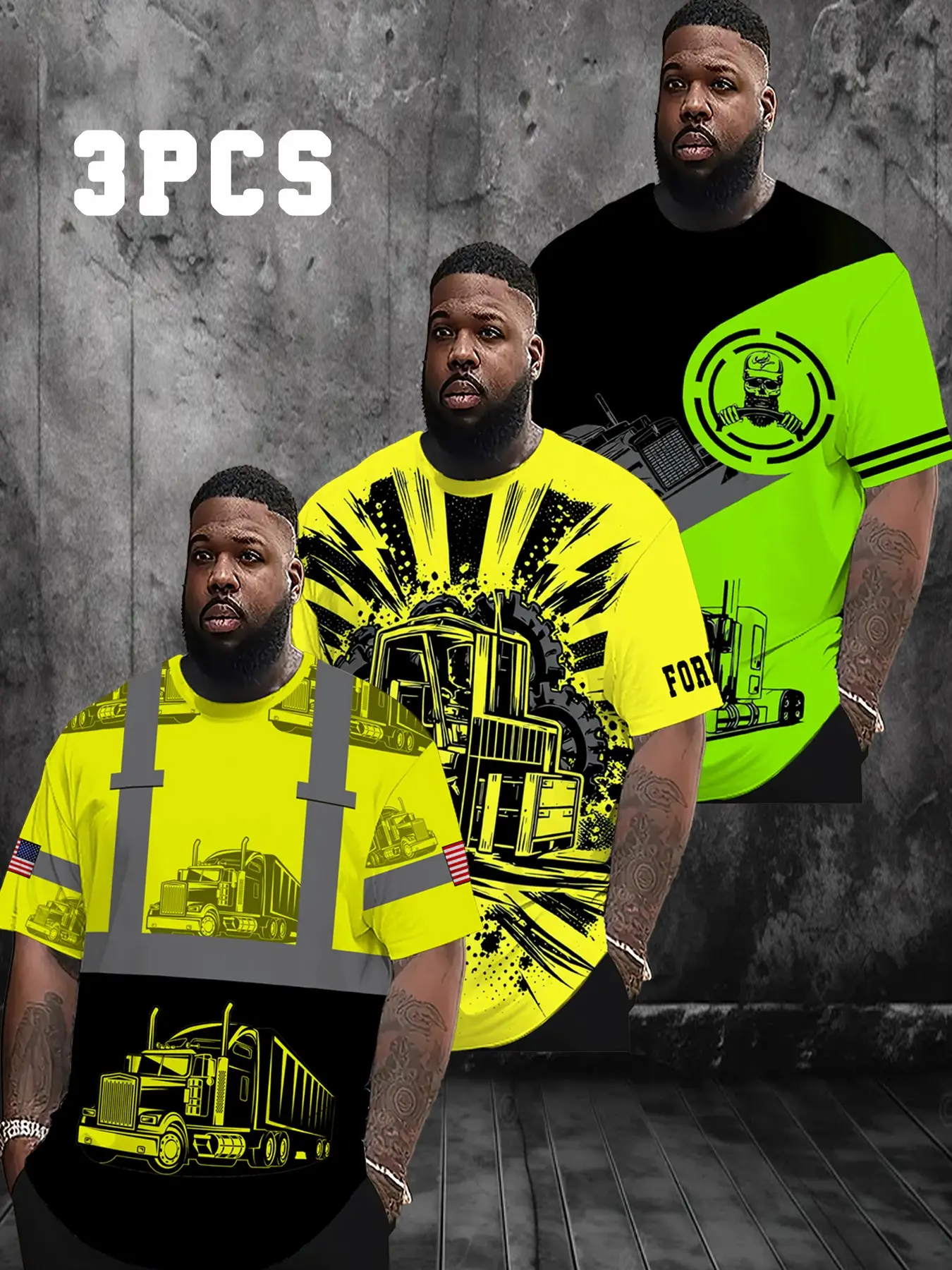 3-Pack Men's Summer Fluorescent Mechanical Theme Digital Print Short Sleeve Round Neck Reflective T-Shirts, Casual Loose-Fit Long T-Shirt